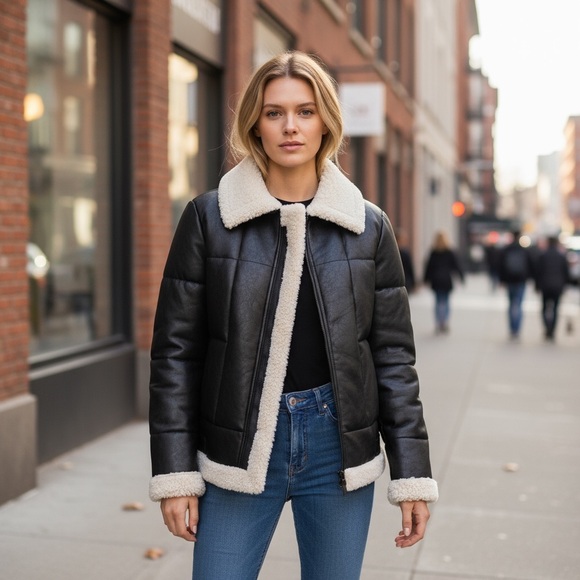 NWT Andrew Marc Women’s Faux Leather & Faux Shearl Puffer Jacket Warm - Picture 1 of 8